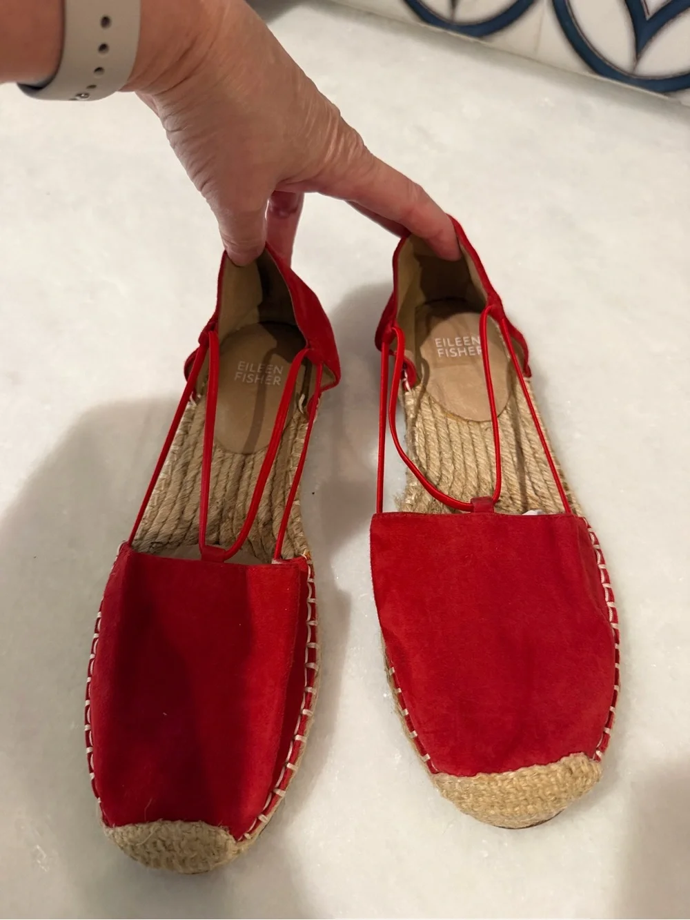 Eileen Fisher Red Suede Espadrille Flats with Ankle Straps